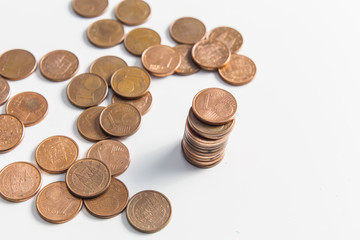 One cent euro coin currency column isolated on a white background