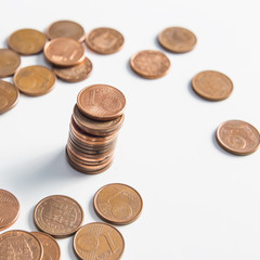 One cent euro coin currency column isolated on a white background