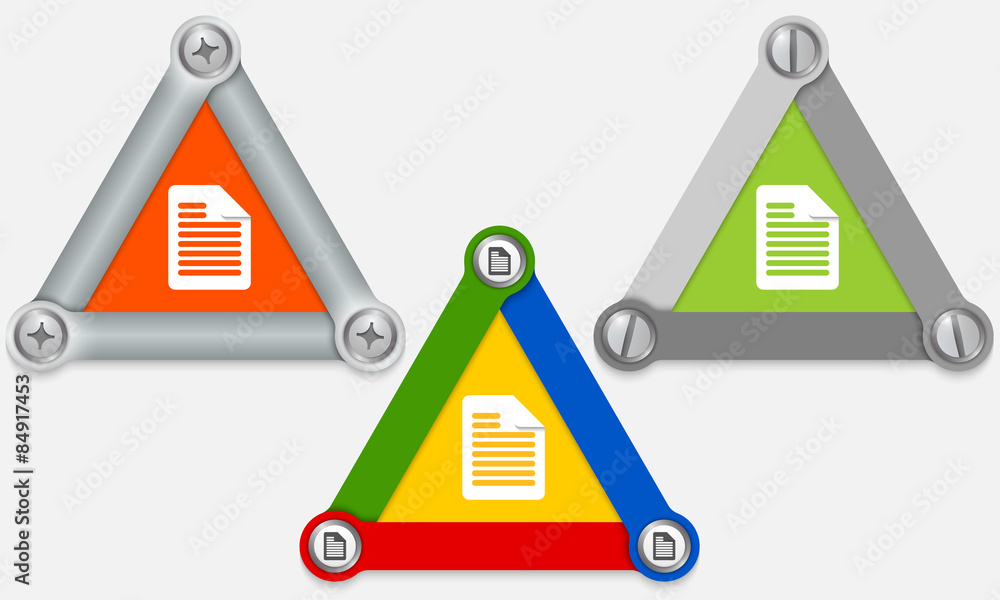 Poster set of three colored triangles and document icon