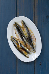 fried sardines on white dish on blue wooden background