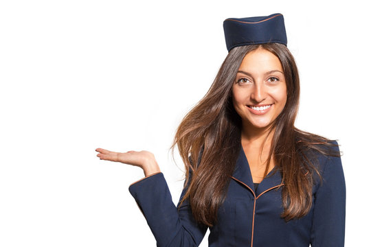 Portrait of a woman dressed as a stewardess on a white background