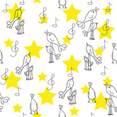 Golden stars and birds, seamless pattern