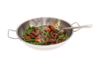 fried merguez sausages with green beans and tomatoes