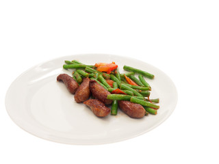 fried merguez sausages with green beans and tomatoes