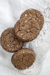 Chocolate cookies on white  napkin