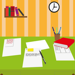flat design of workplace. table image. Paper is on the table, a pen, a book. hanging on the wall clock and bookshelf