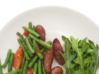 fried merguez sausages with green beans, tomatoes and fresh rocket