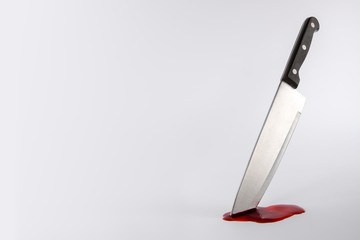 Kitchen knife in pool of blood with copy space