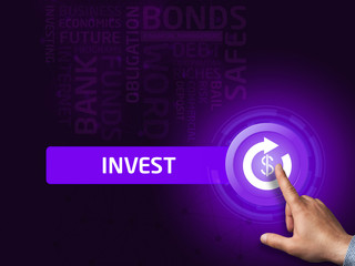 Invest.Businessman presses a button on the virtual screen. Busin