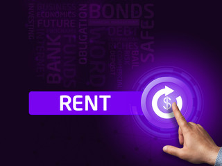 Rent. Businessman presses a button on the virtual screen. Busine