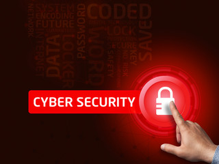 Cyber security. Businessman presses a button on the virtual scre