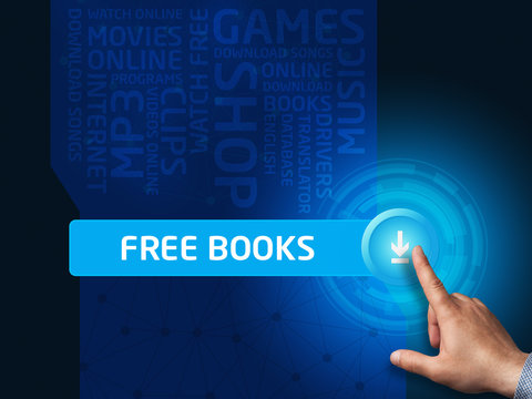 Free books. Businessman presses a button on the virtual screen.
