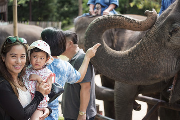 Fototapeta premium mother and daughter pose and look camera with elephant Lampang ,Thailand