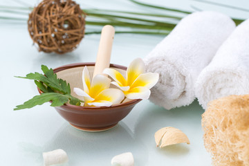 Spa concept with handmade herb, Flowers, leaf and towel