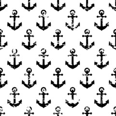 Hand drawn vector seamless pattern with black anchor isolated on