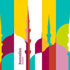 Ramadan vector greeting card with silhouette of mosque. Vector m