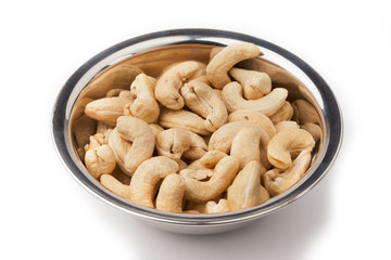 cashew nut in stainless steel bolw on white background