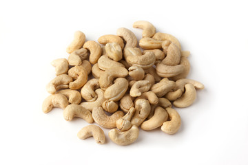 cashew nut pile on white bakground