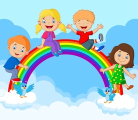 Obraz na płótnie Canvas Cartoon Happy kids sitting on rainbow