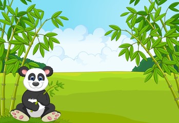 Cartoon cute panda in the bamboo forest