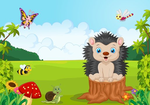 Cartoon sweet hedgehog in the jungle