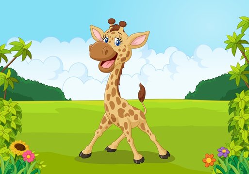 Cute giraffe cartoon with beautiful landscape