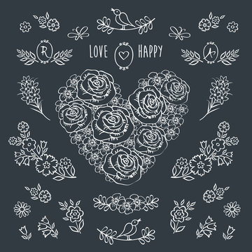 The set of decorative floral elements for Valentine's Day, mother's day, birthday, wedding. Hand drawn with chalk on the black chalkboard. Vintage heart of flowers. 