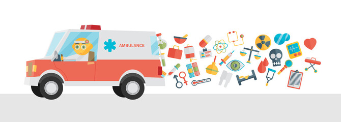 Ambulance with doctor and icons. Cartoon flat vector