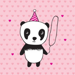 Happy birthday! Illustration for children / girl graphics greeting card. Hand drawn panda for your design. Doodles, sketch. Vector illustration.