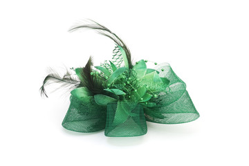 green mesh bow hair clip with feather  on white background