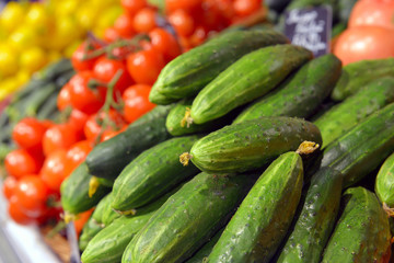 Cucumbers on display in a supermarket
