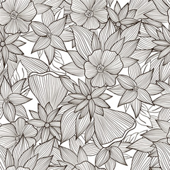 Abstract black and white seamless pattern with flowers and leaves