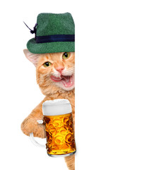 Cat with a beer mug behind the white banner. 