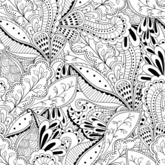 Abstract black and white seamless pattern with flowers and leaves