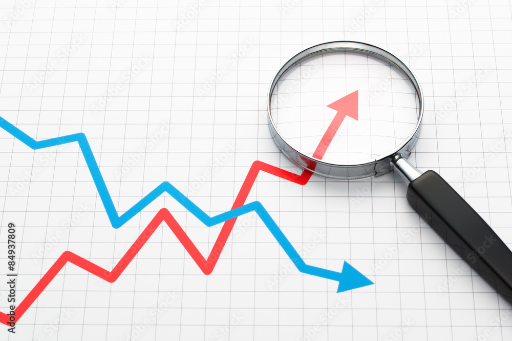 Poster line graph and magnifying glass.