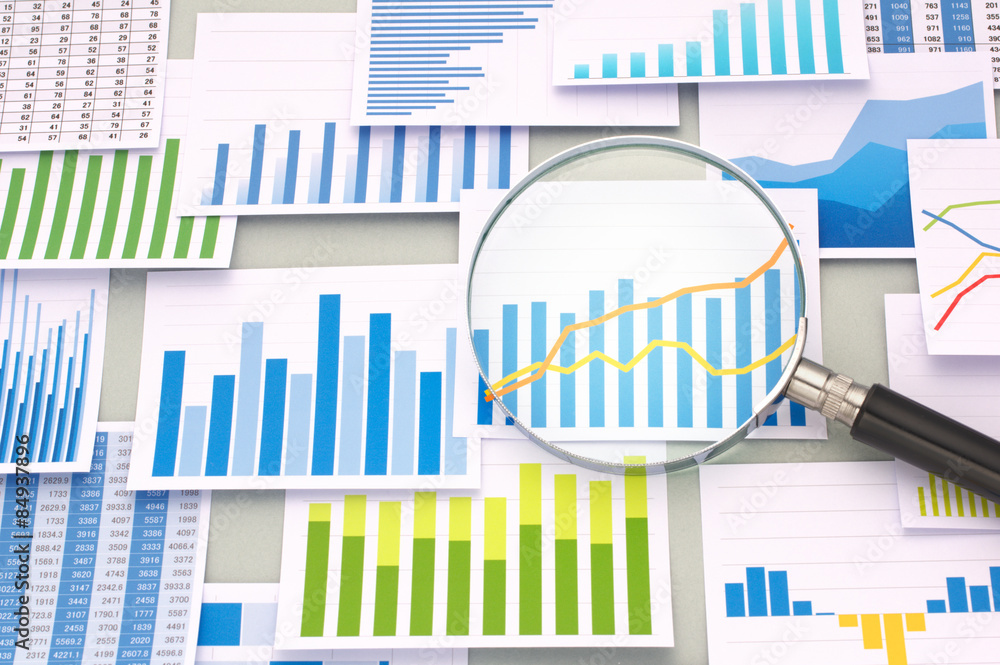Poster many graphs and magnifying glass.