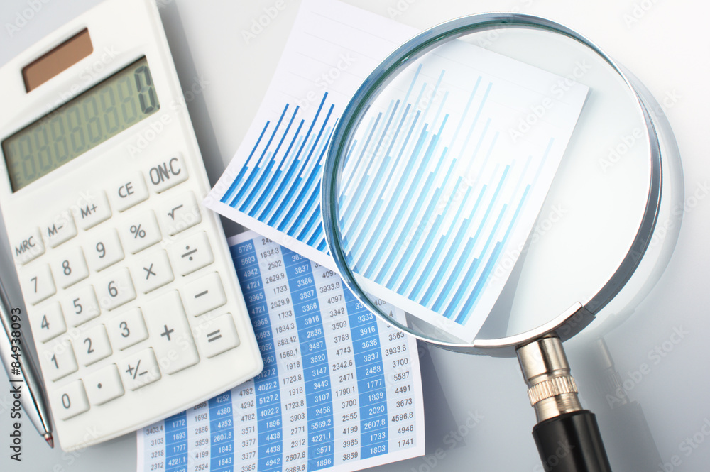 Poster Looking graph with magnifying glass. Calculating, graphing and a