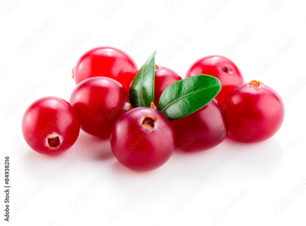 Wall mural cranberry with leaves isolated on white.