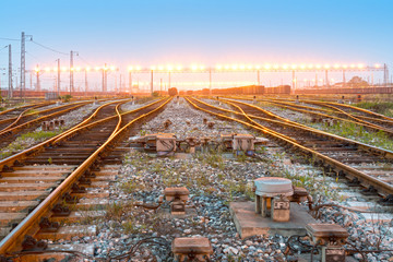 Fototapeta na wymiar Cargo train platform at sunset with container