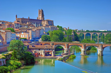 View of the August bridge and Saint Cecile church in Albi, France - obrazy, fototapety, plakaty
