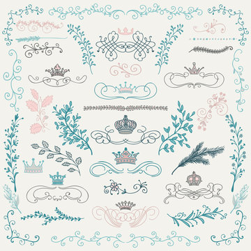 Vector Colorful Hand Drawn Floral Design Elements, Crowns