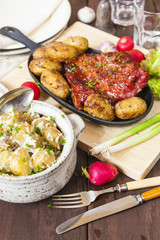 Potato salad and bacon rib with roasted potatoes. Farmhouse styl