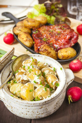 Potato salad and bacon rib with roasted potatoes. Farmhouse styl