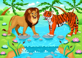 Fototapeta premium Lion and tiger together in the jungle