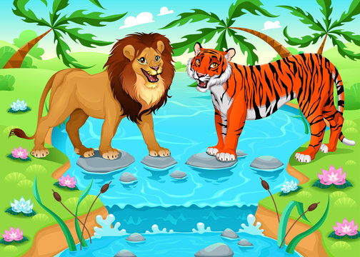 Lion and tiger together in the jungle