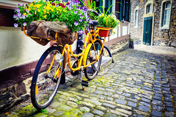 Fototapeta na wymiar Old rusty bicycle with flowers