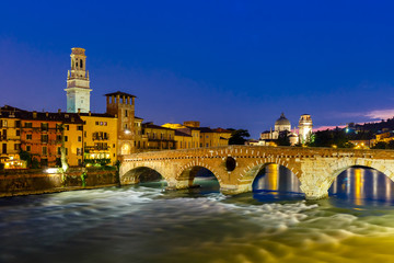 Ponte Pietra and Adige at night, Verona, Italy