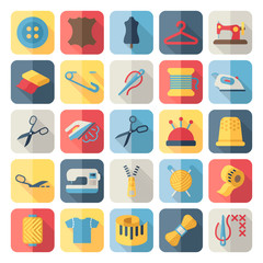 Vector sewing equipment and needlework flat icons set