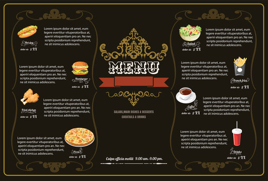 Restaurant Fast Foods menu on brown background vector format eps