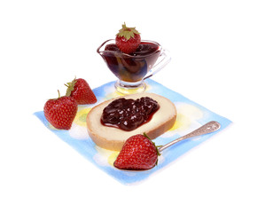 strawberry jam on toast ,jar of jam isolated 